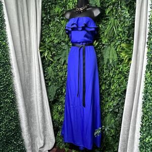 RAMPAGE Dress Women Medium Blue Strapless Ruffle Accent Tie Waist Bohemian 2726‎